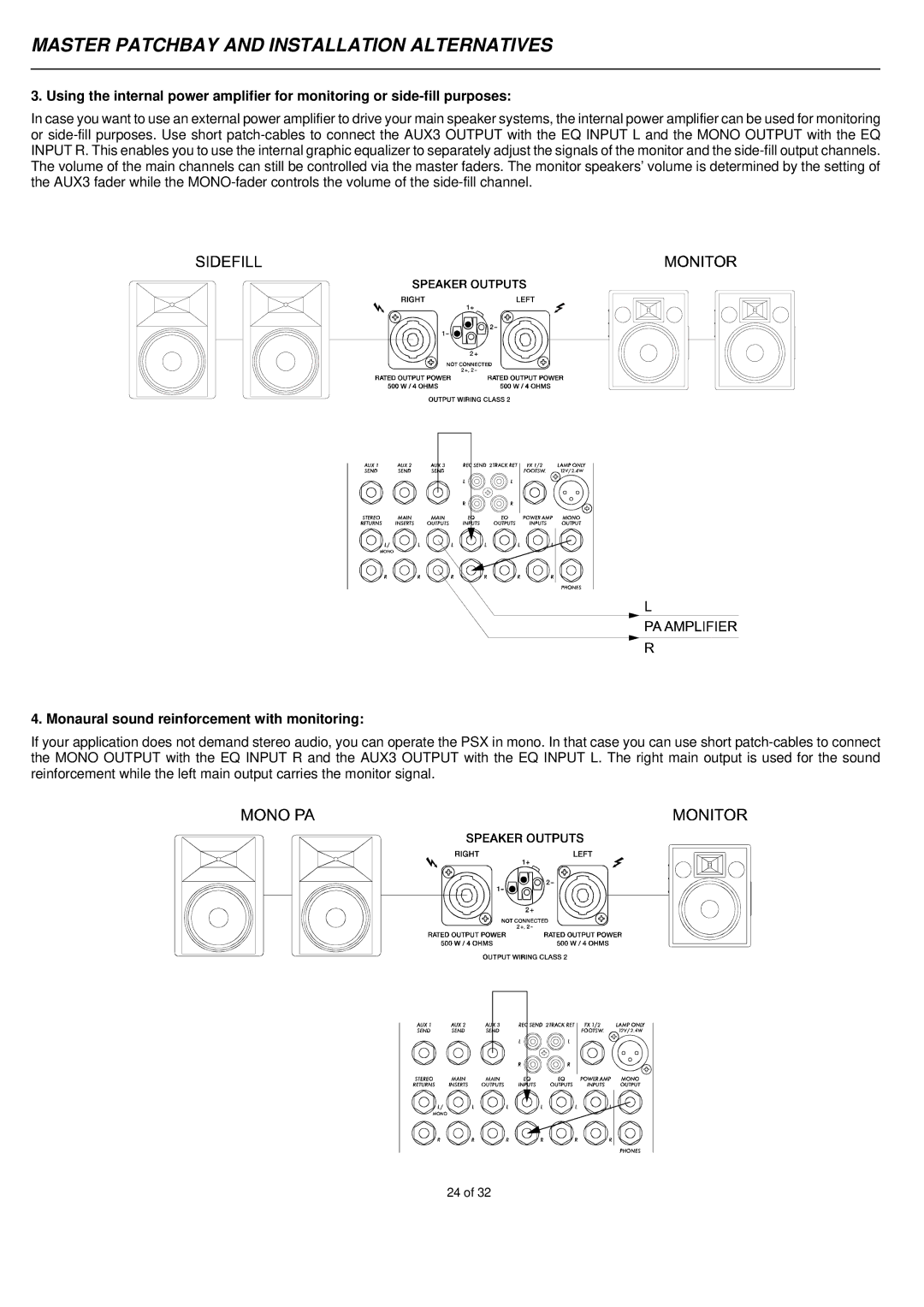 Electro-Voice PSX1000, PSX2200, PSX1600 owner manual Monaural sound reinforcement with monitoring 