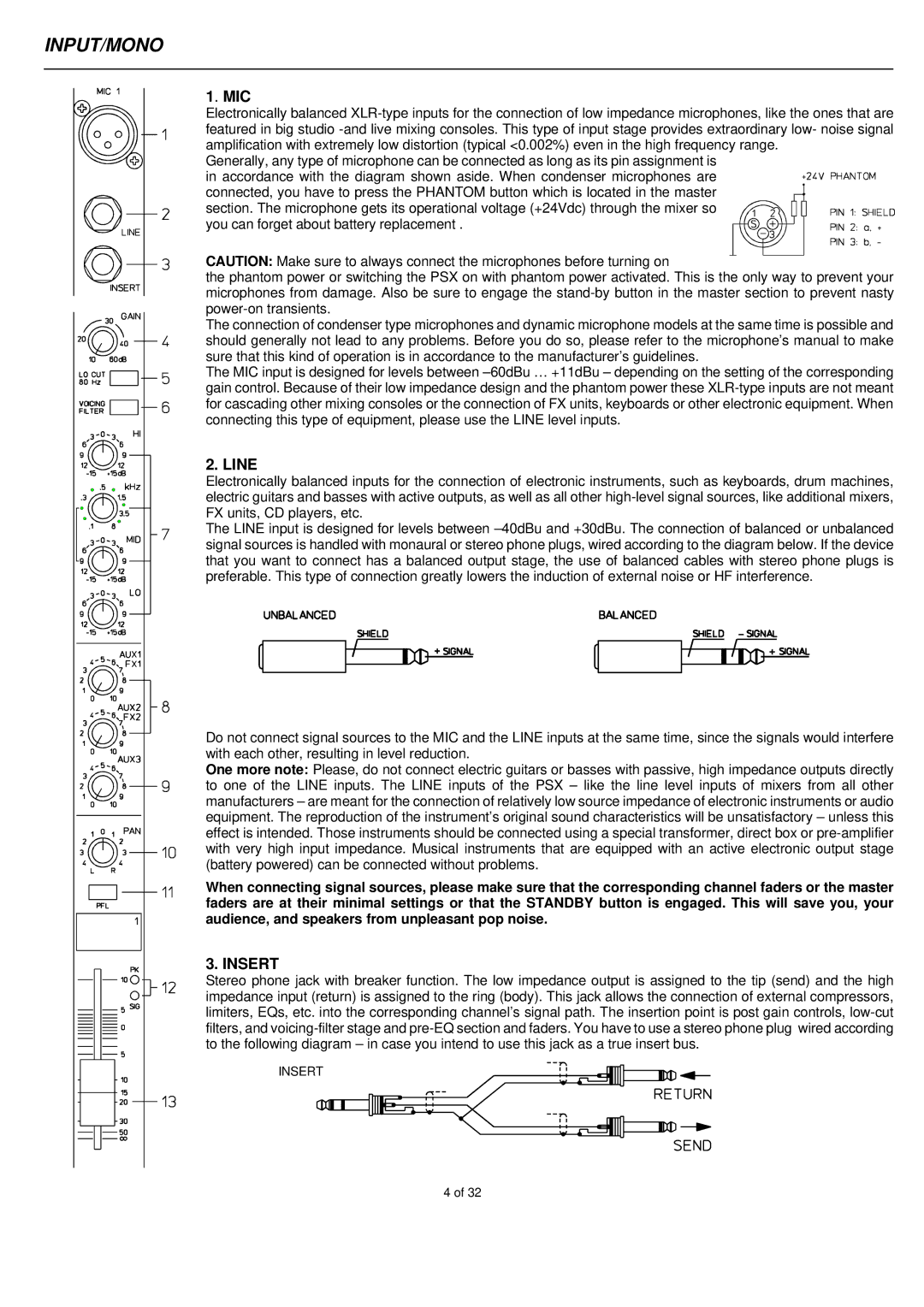 Electro-Voice PSX2200, PSX1000, PSX1600 owner manual Input/Mono, Mic, Line, Insert 