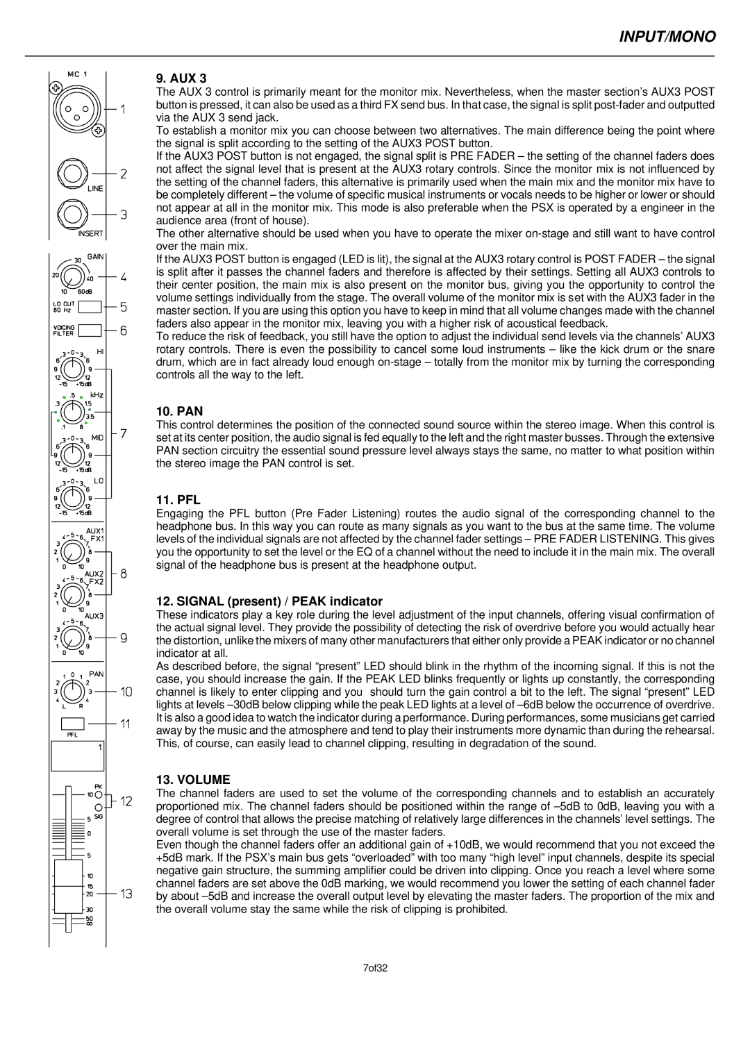 Electro-Voice PSX2200, PSX1000, PSX1600 owner manual Aux, Pan, Pfl, Signal present / Peak indicator, Volume 