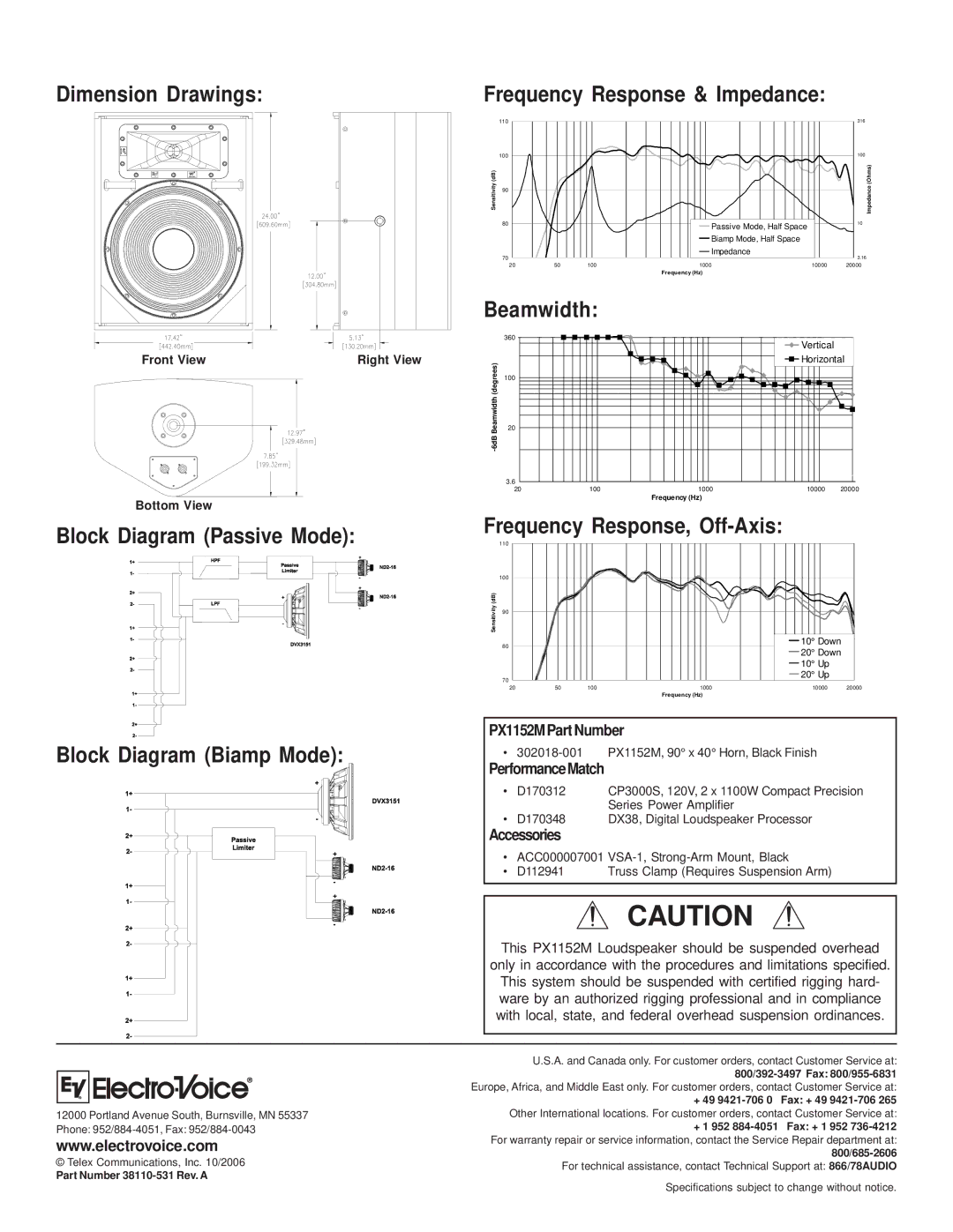 Electro-Voice PX1152M technical specifications Dimension Drawings, Beamwidth, Frequency Response & Impedance 