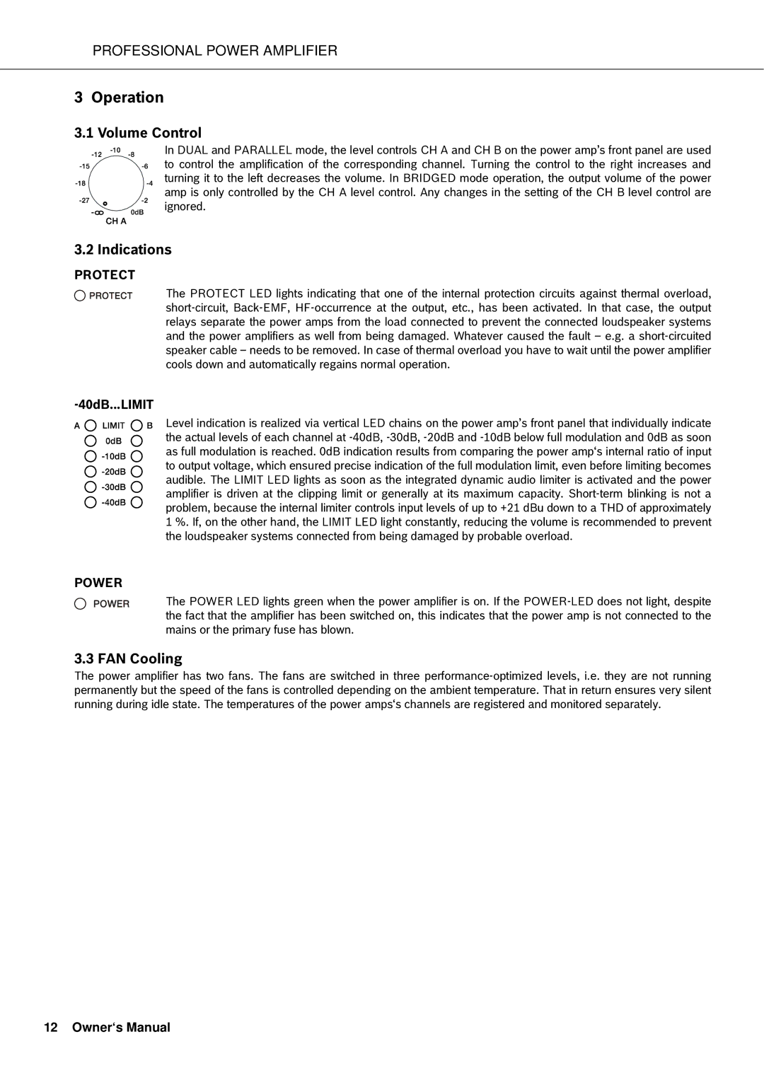 Electro-Voice Q66, Q44, Q1212, Q99 owner manual Operation, Volume Control, Indications, FAN Cooling, 40dB...LIMIT 