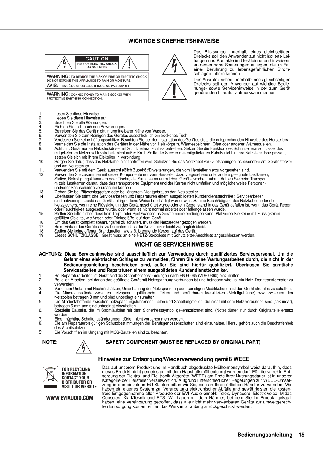 Electro-Voice Q99, Q66, Q44, Q1212 Wichtige Sicherheitshinweise, Hinweise zur Entsorgung/Wiederverwendung gemäß Weee 