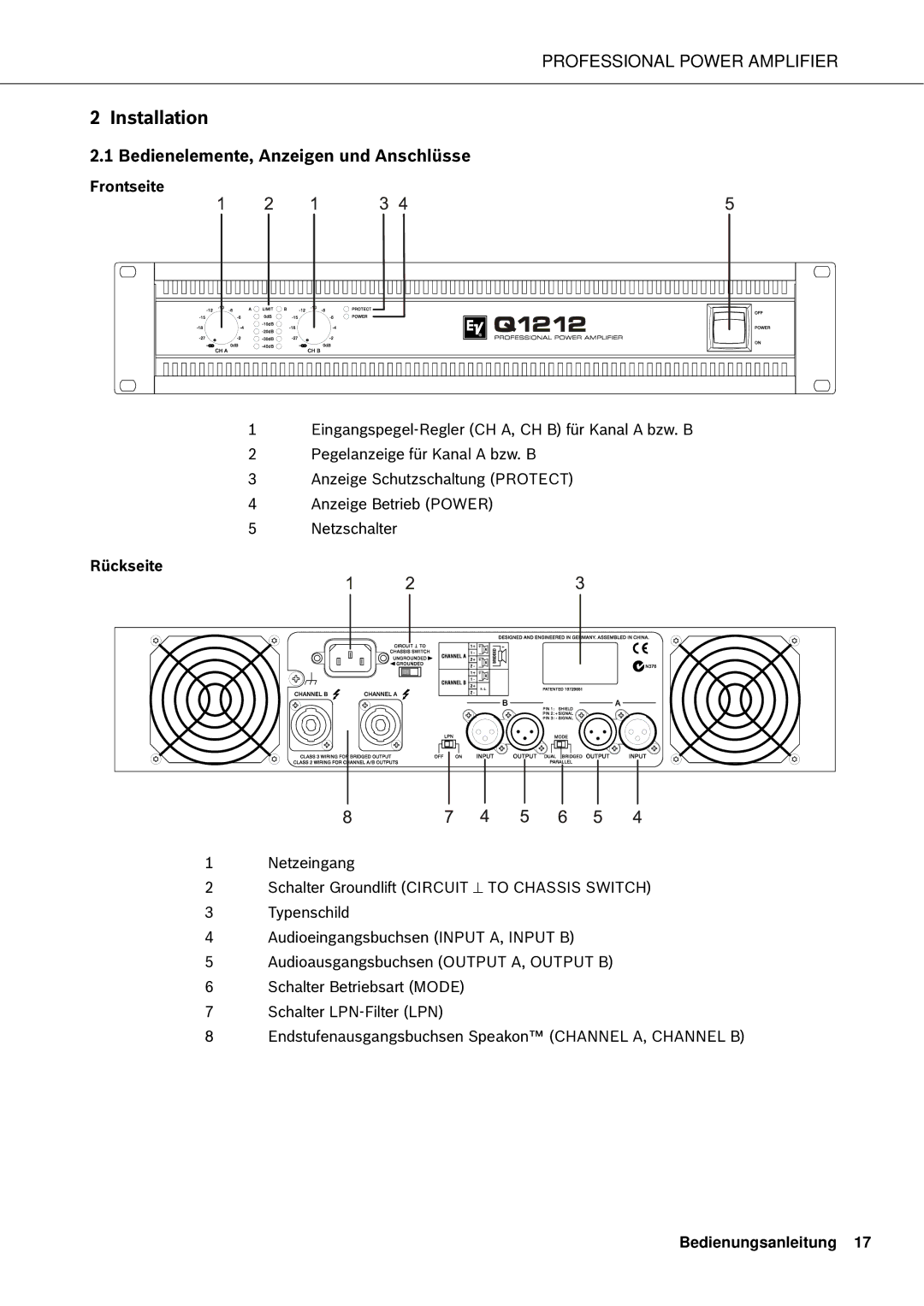 Electro-Voice Q44, Q66, Q1212, Q99 owner manual Bedienelemente, Anzeigen und Anschlüsse, Frontseite, Rückseite 