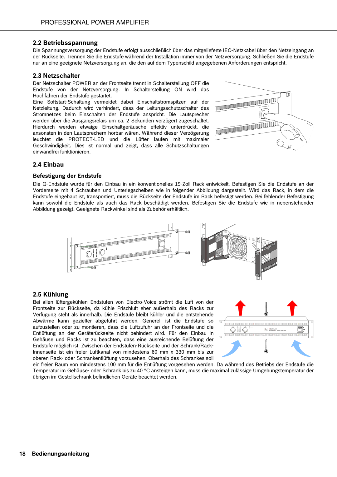 Electro-Voice Q1212, Q66, Q44, Q99 owner manual Betriebsspannung, Netzschalter, Einbau, Kühlung, Befestigung der Endstufe 