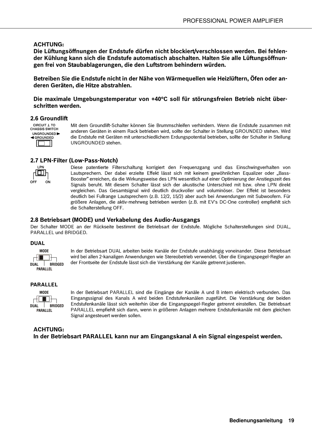 Electro-Voice Q99, Q66, Q44, Q1212 owner manual LPN-Filter Low-Pass-Notch, Betriebsart Mode und Verkabelung des Audio-Ausgangs 