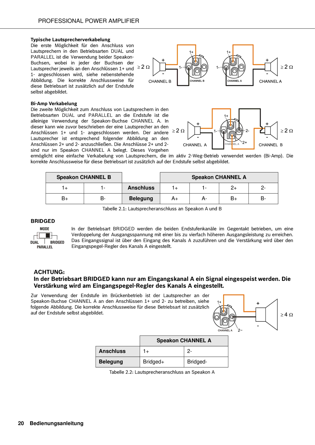 Electro-Voice Q66, Q44, Q1212, Q99 Speakon Channel B Speakon Channel a Anschluss Belegung, Typische Lautsprecherverkabelung 