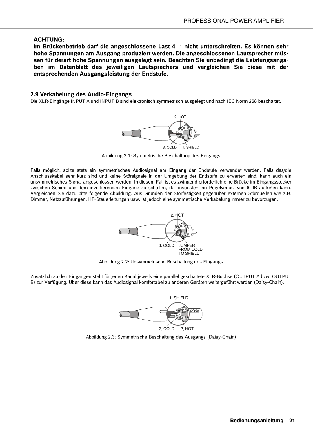 Electro-Voice Q44, Q66, Q1212, Q99 owner manual Abbildung 2.1 Symmetrische Beschaltung des Eingangs 