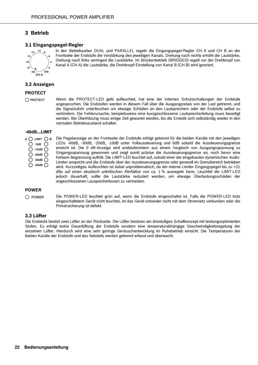 Electro-Voice Q1212, Q66, Q44, Q99 owner manual Betrieb, Eingangspegel-Regler, Anzeigen, Lüfter 