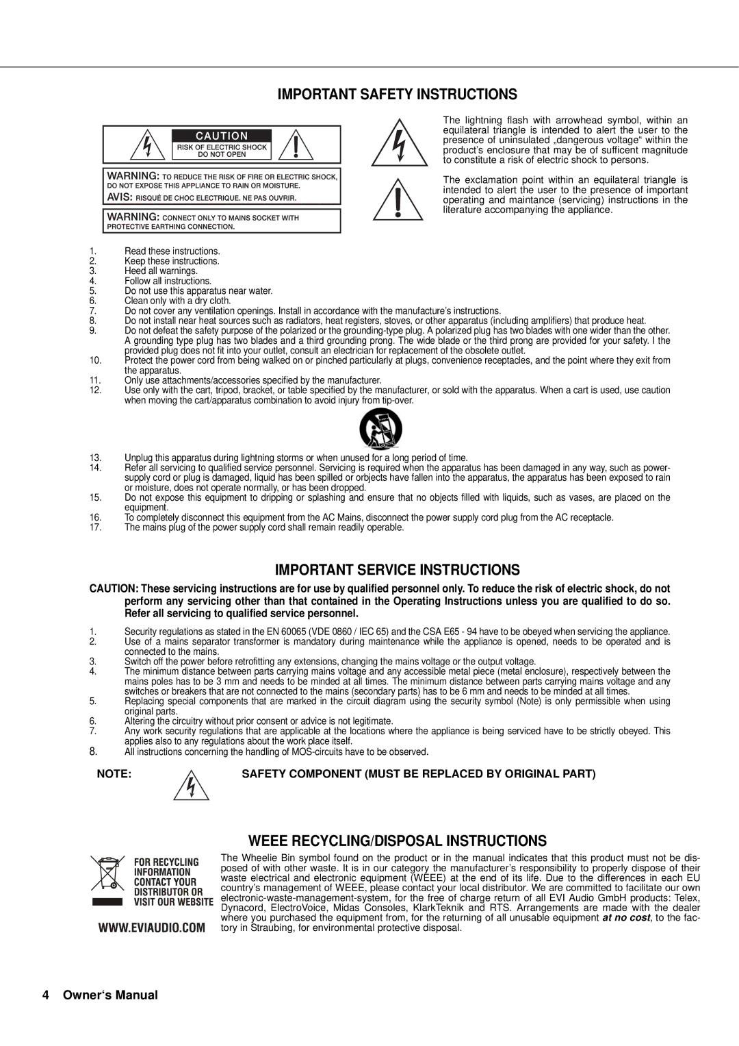 Electro-Voice Q66, Q44, Q1212, Q99 owner manual Important Safety Instructions, Owner‘s Manual 