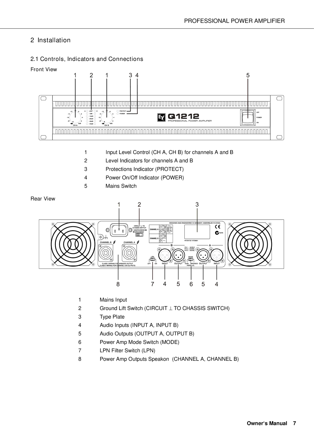 Electro-Voice Q99, Q66, Q44, Q1212 owner manual Installation, Controls, Indicators and Connections, Front View, Rear View 