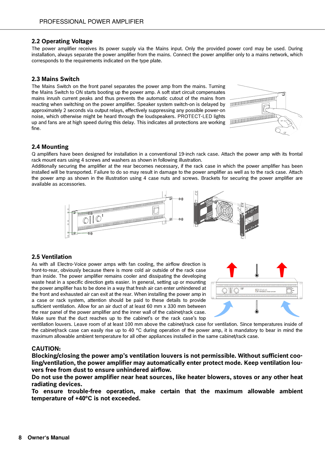 Electro-Voice Q66, Q44, Q1212, Q99 owner manual Operating Voltage, Mains Switch, Mounting, Ventilation 