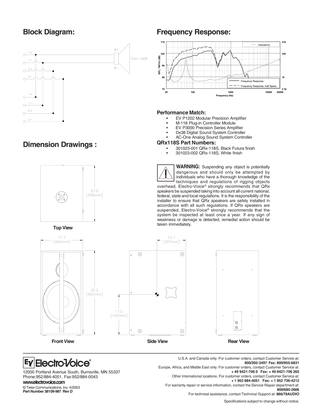 Electro-Voice QRx 118S Block Diagram Frequency Response, Dimension Drawings, Performance Match, QRx118S Part Numbers 