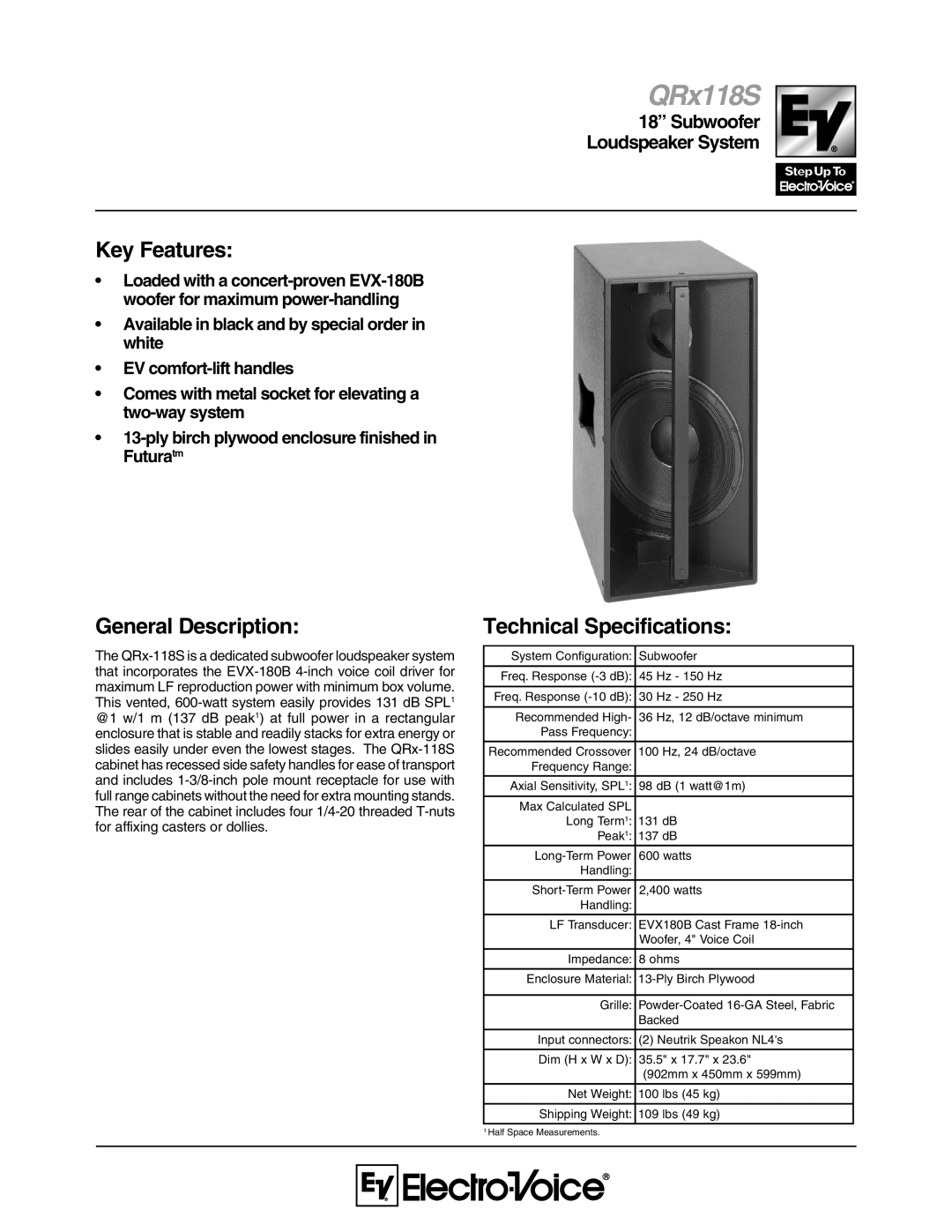 Electro-Voice QRx 118S technical specifications Key Features, General Description, Technical Specifications, QRx118S 