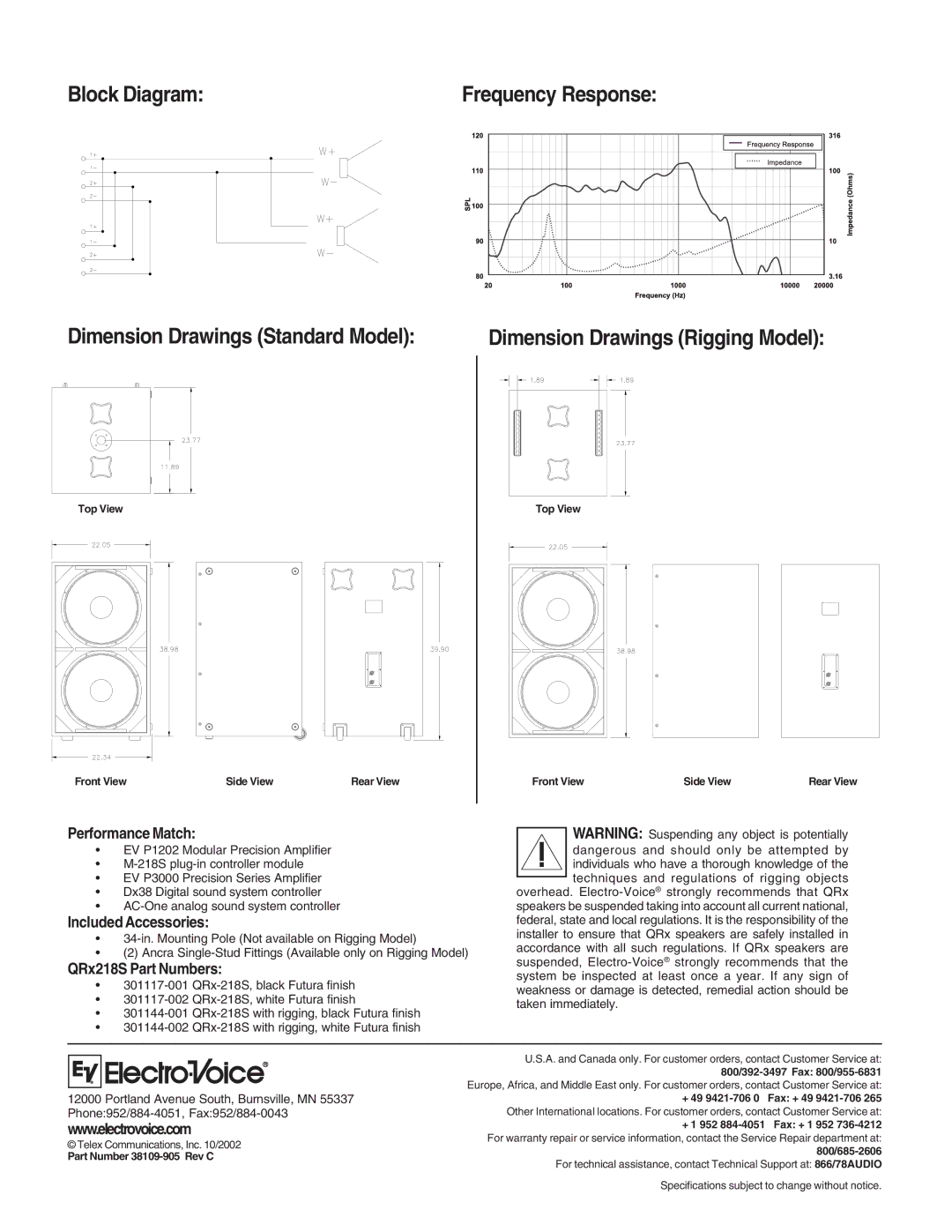 Electro-Voice QRx 218S Frequency Response, Performance Match, Included Accessories, QRx218S Part Numbers 