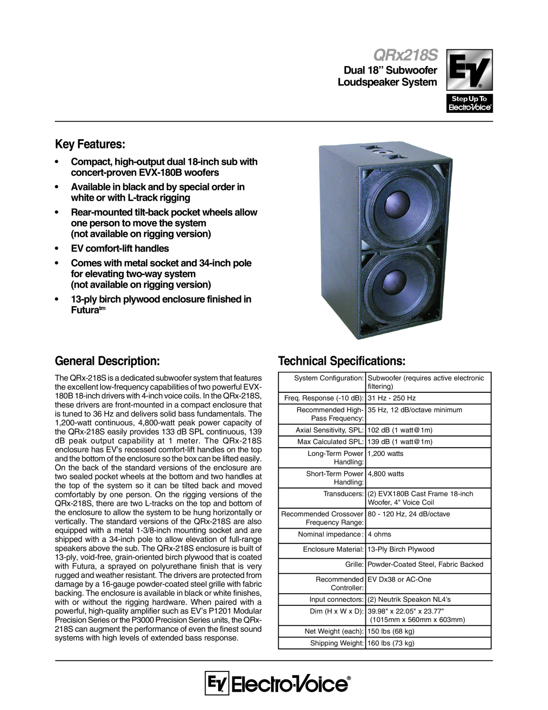 Electro-Voice QRx 218S technical specifications Key Features, General Description, Technical Specifications, QRx218S 