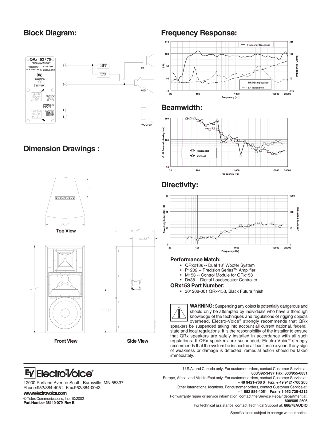 Electro-Voice Performance Match, QRx153 Part Number, Part Number 38110-079 Rev B, + 49 9421-706 0 Fax + 49 9421-706 