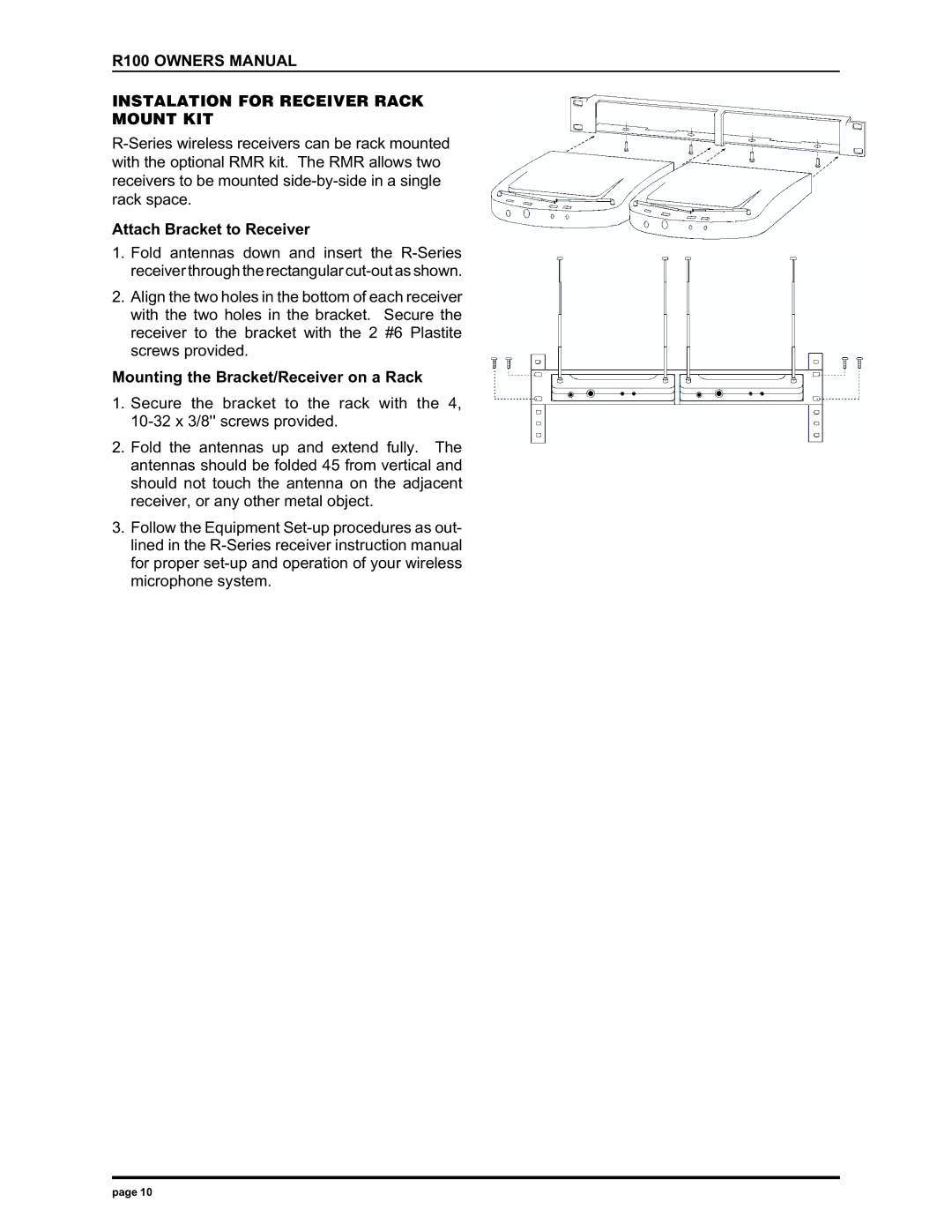 Electro-Voice r100 series manual Instalation for Receiver Rack Mount KIT 