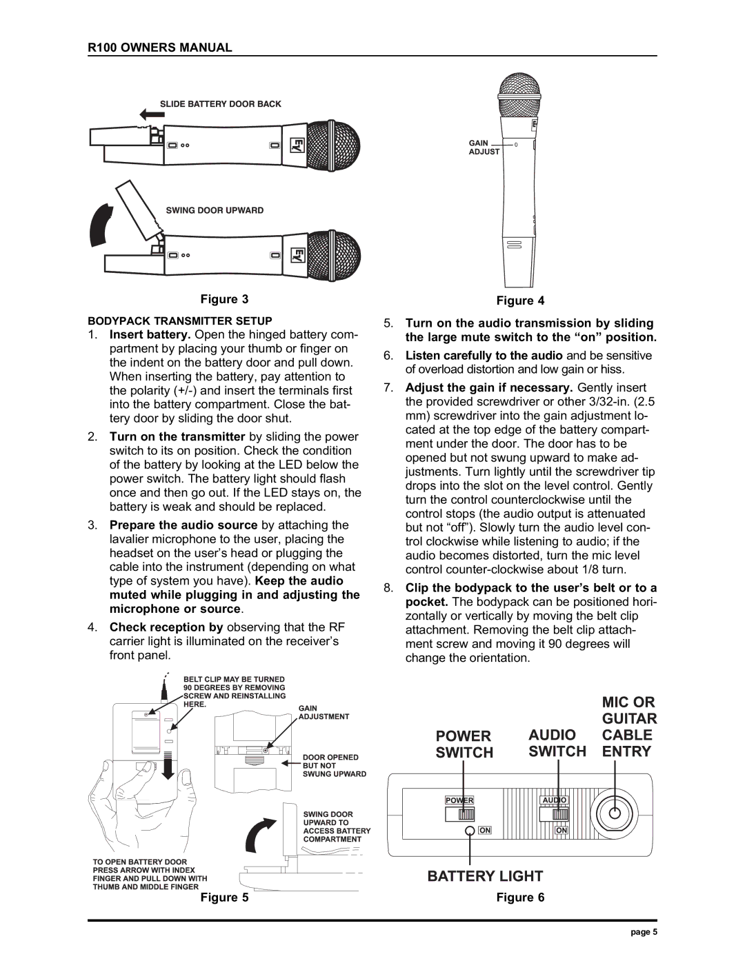 Electro-Voice r100 series manual Bodypack Transmitter Setup 