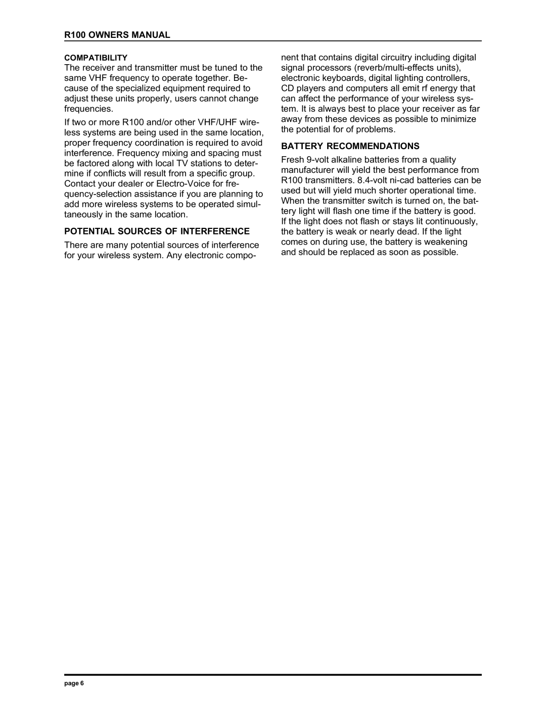 Electro-Voice r100 series manual Potential Sources of Interference, Battery Recommendations 