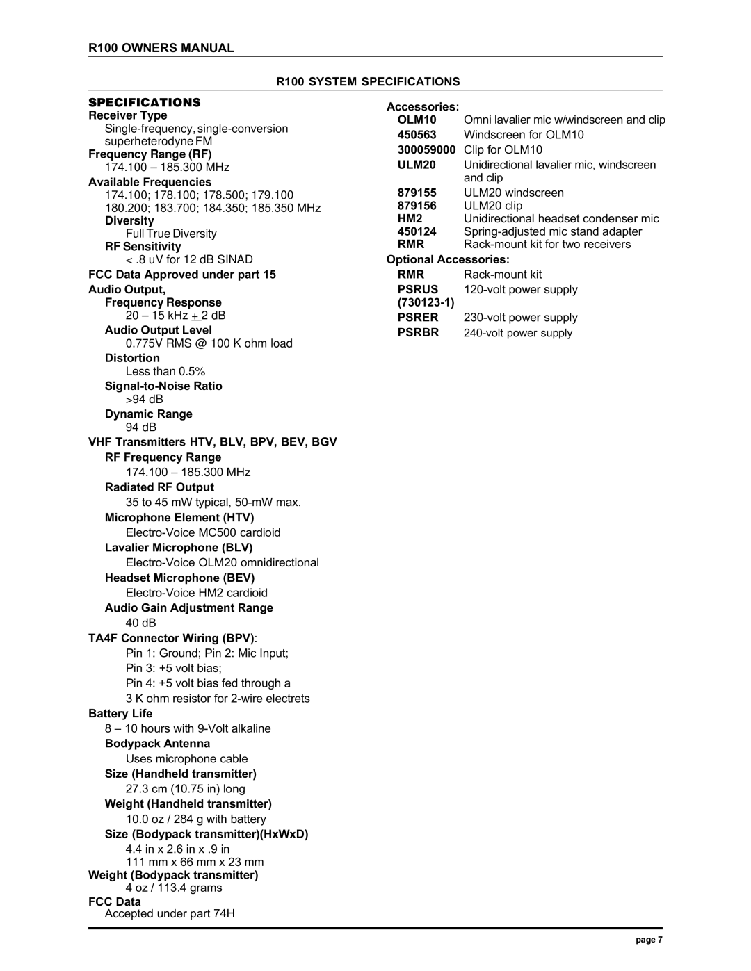 Electro-Voice r100 series manual Specifications 