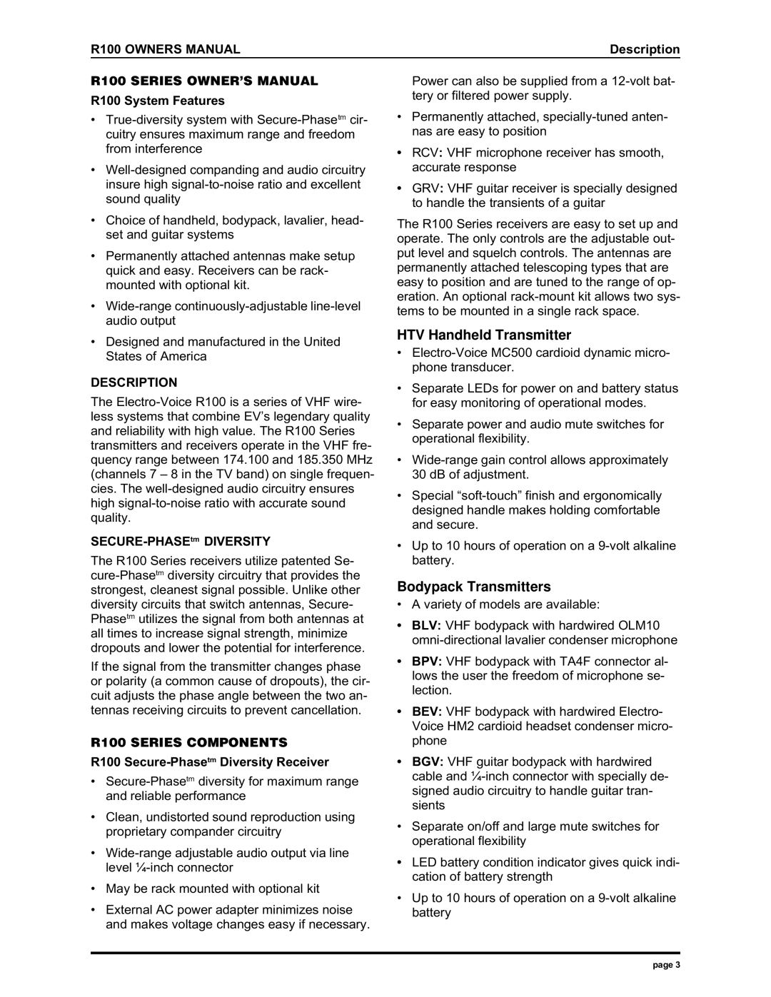 Electro-Voice manual Description, R100 Series Components 