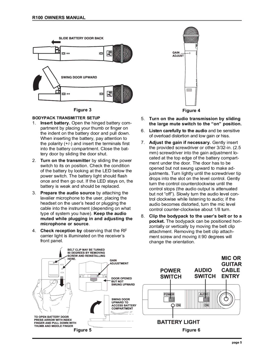 Electro-Voice R100 manual Bodypack Transmitter Setup 