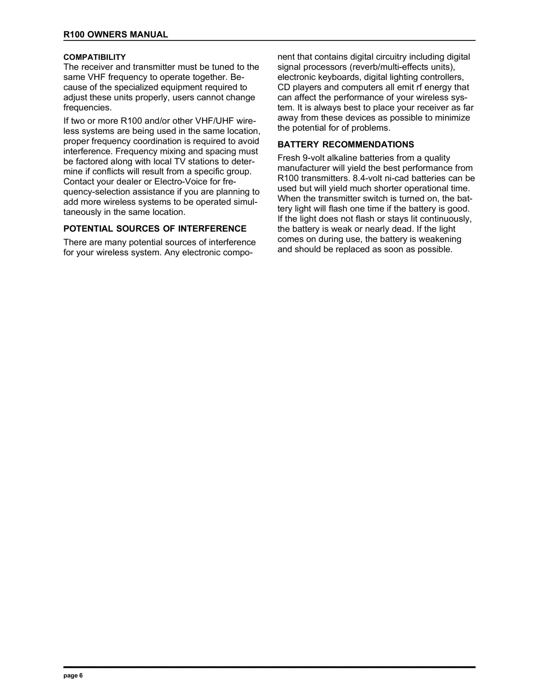 Electro-Voice R100 manual Potential Sources of Interference, Battery Recommendations 