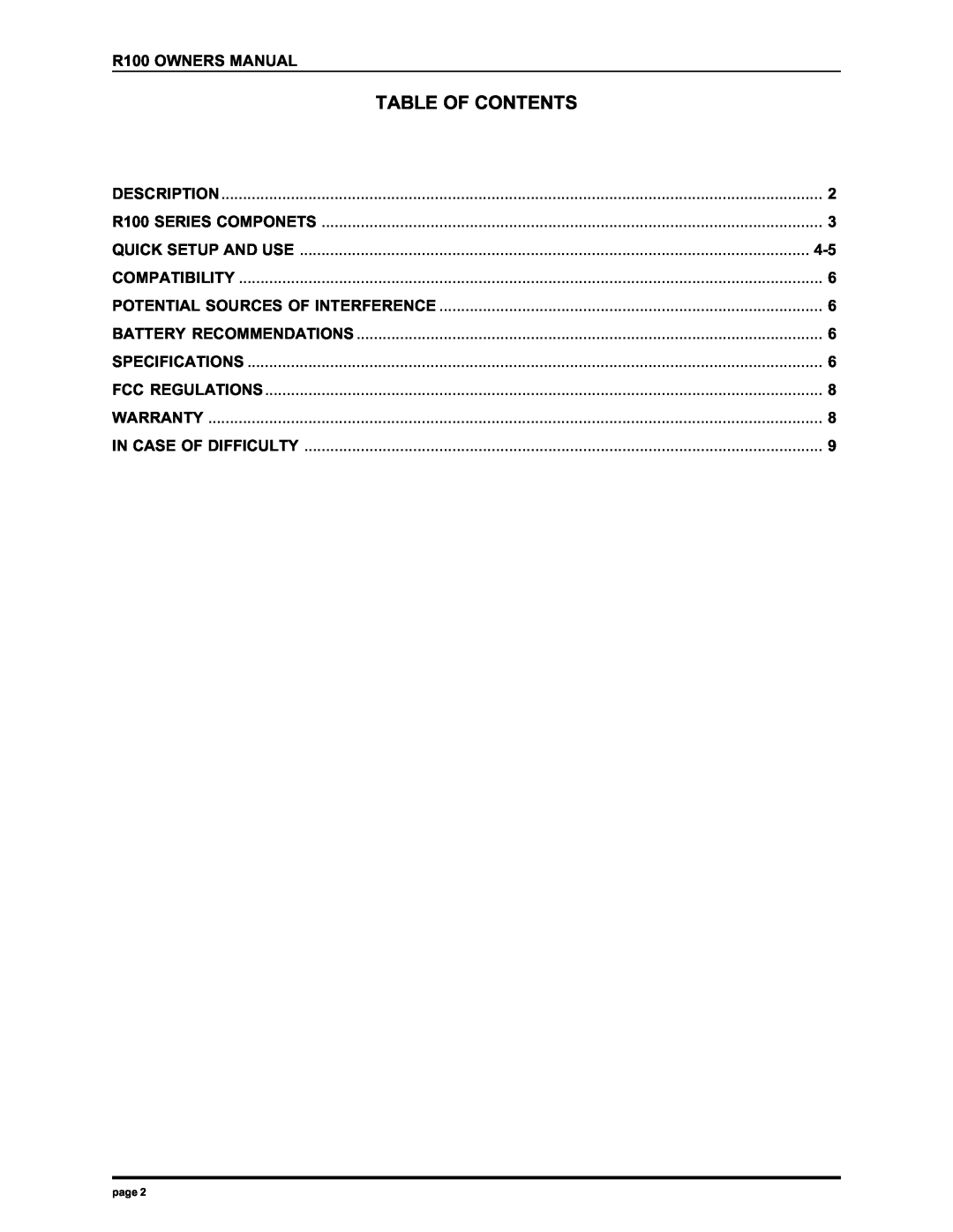Electro-Voice R100 manual Table Of Contents 