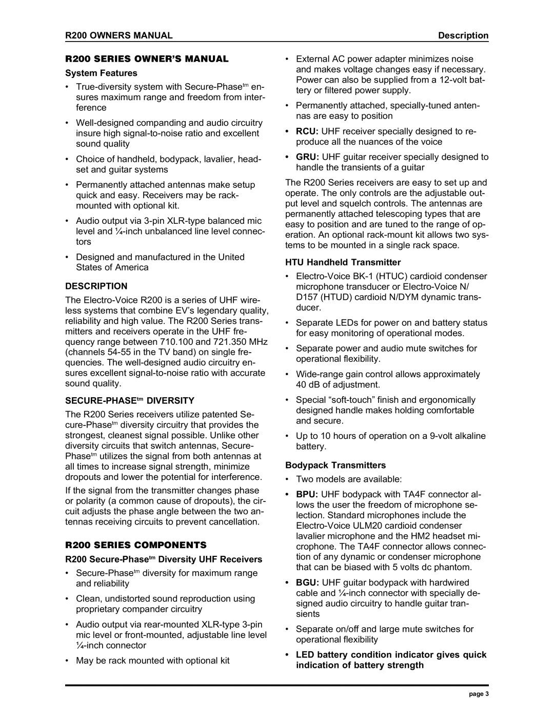 Electro-Voice manual Description, R200 Series Components 