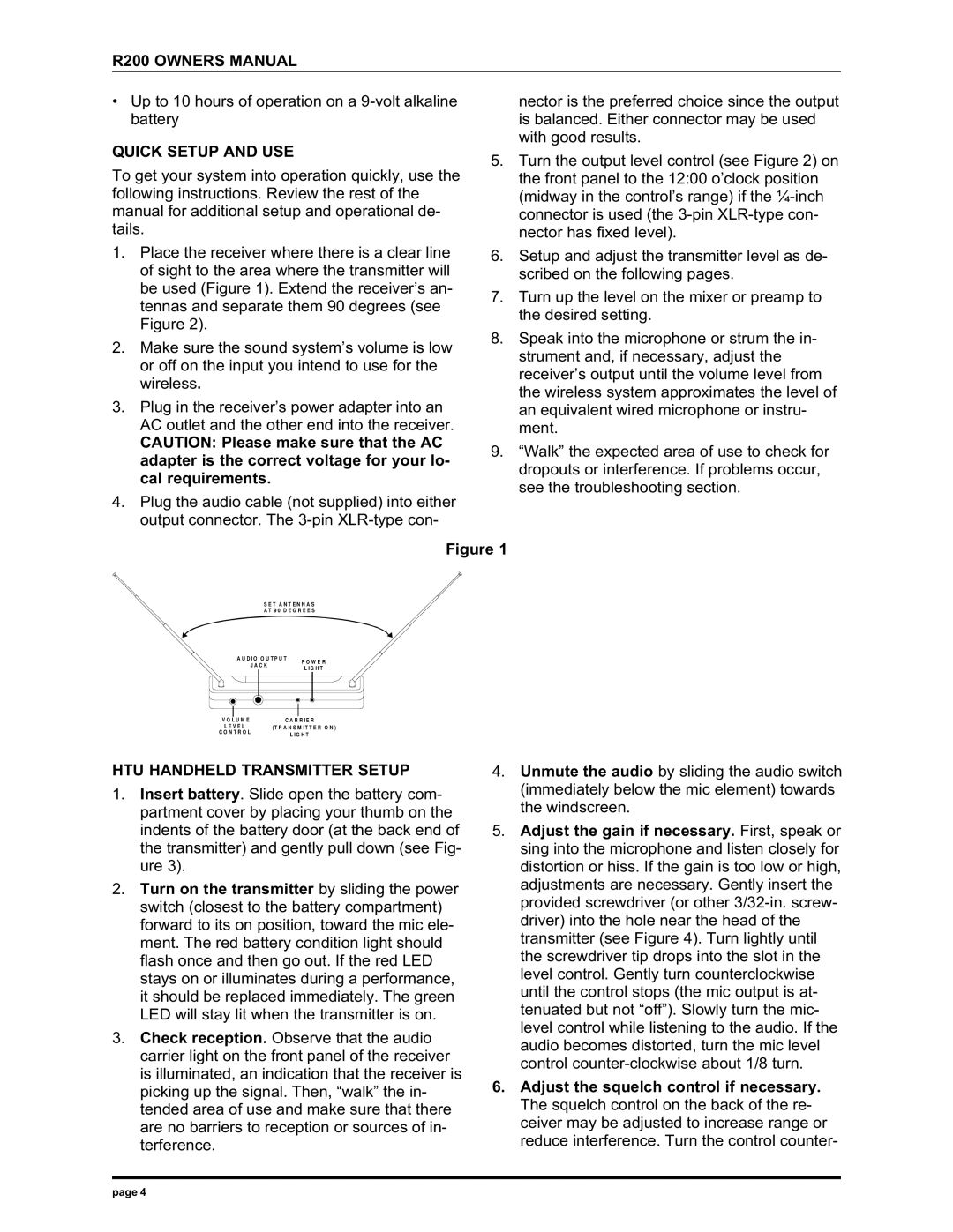 Electro-Voice R200 manual Quick Setup and USE, HTU Handheld Transmitter Setup 