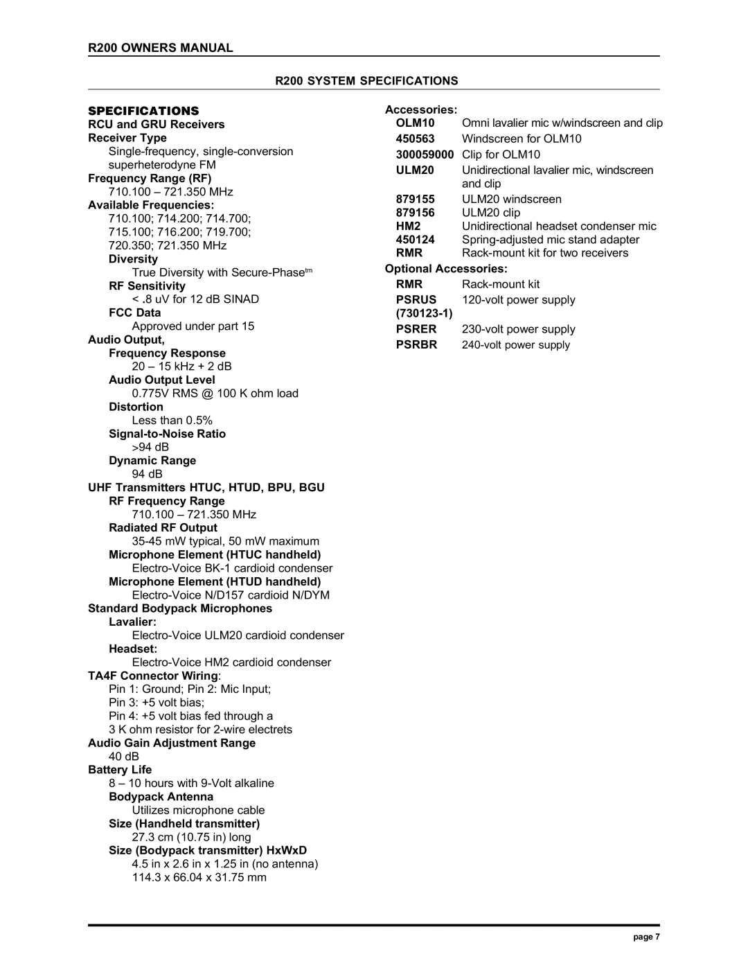 Electro-Voice manual R200 System Specifications, ULM20, HM2, Rmr 