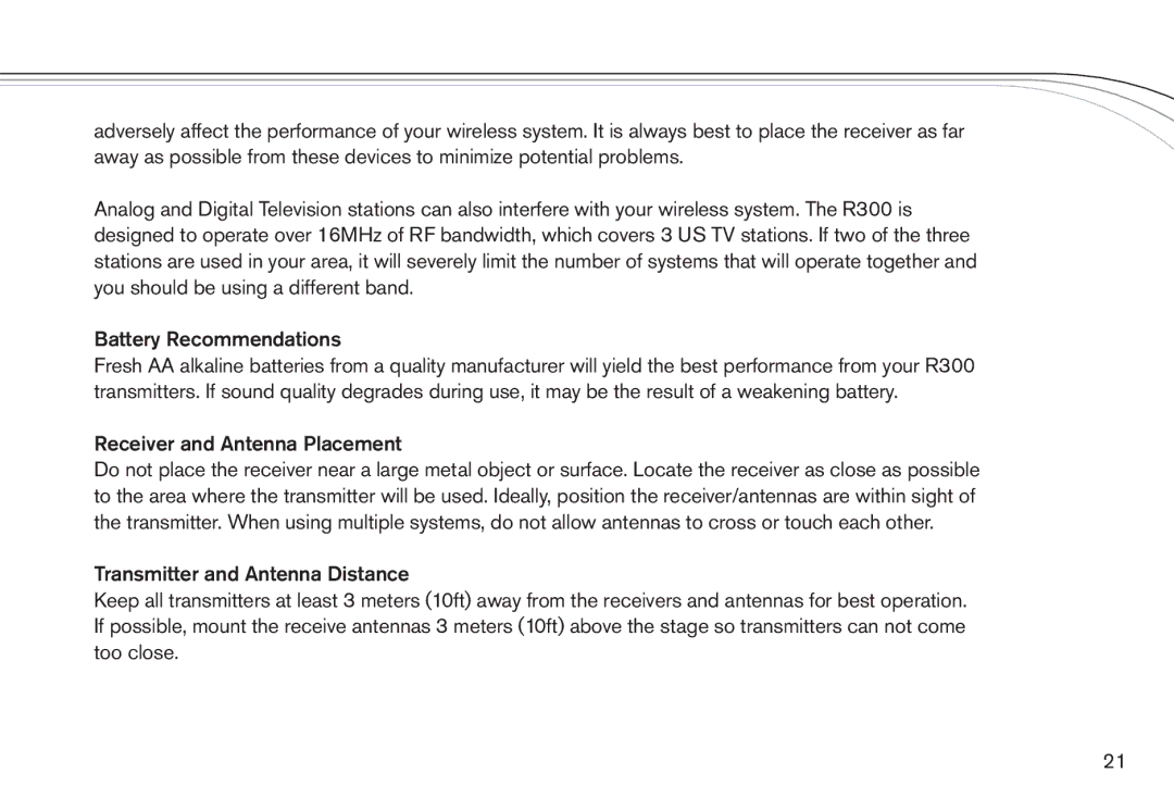 Electro-Voice R300 manual Receiver and Antenna Placement 