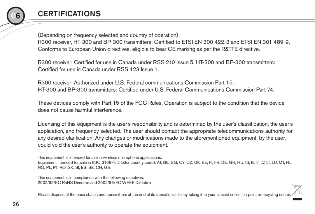 Electro-Voice R300 manual Certifications, Depending on frequency selected and country of operation 