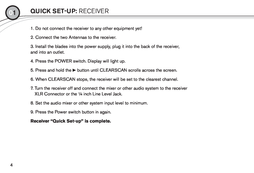 Electro-Voice R300 manual Quick set-up Receiver, Receiver “Quick Set-up”is complete 