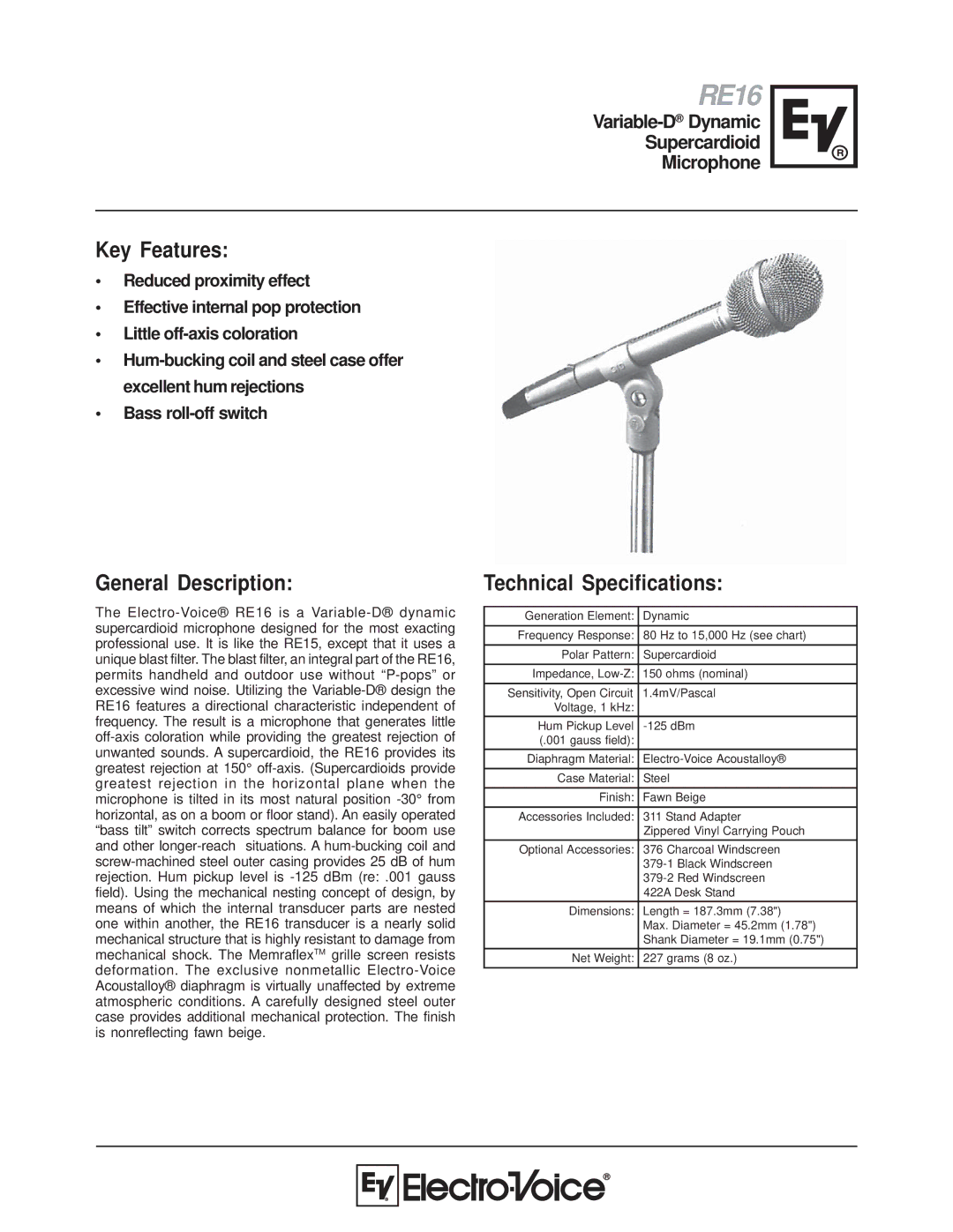 Electro-Voice RE16 technical specifications Key Features, General Description, Technical Specifications 