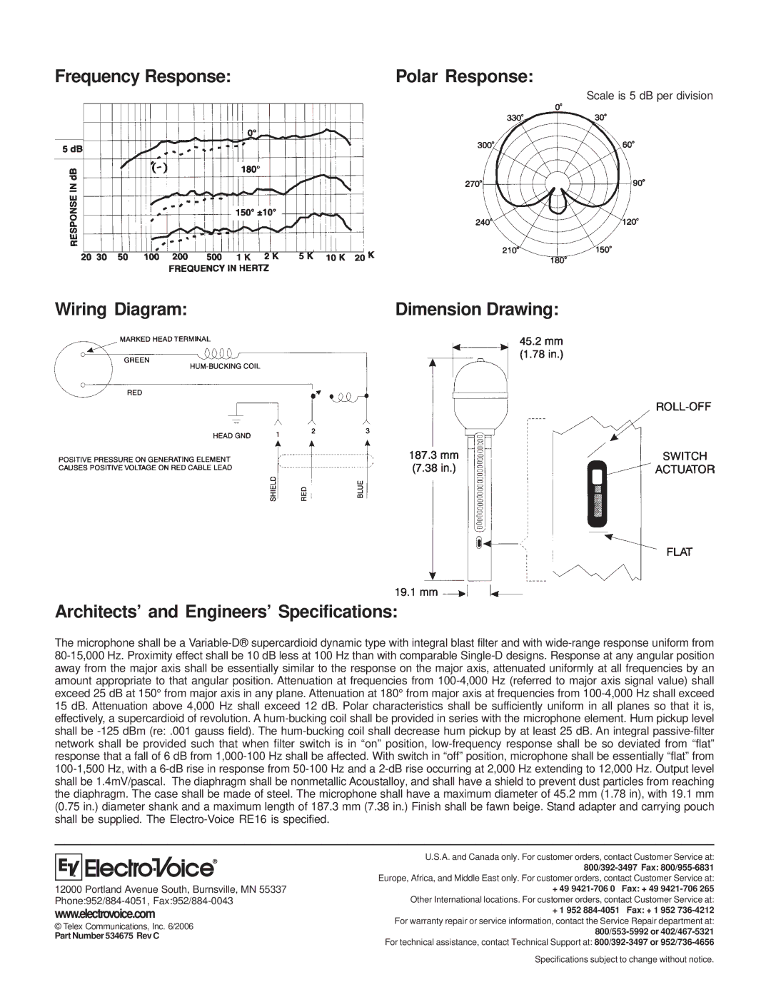 Electro-Voice RE16 Frequency Response, Wiring Diagram, Architects’ and Engineers’ Specifications, Part Number 534675 Rev C 