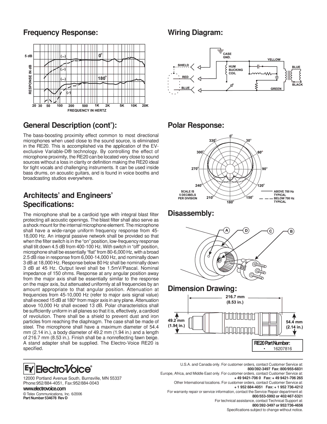 Electro-Voice RE20 Frequency Response, General Description cont’, Architects’ and Engineers’ Specifications 