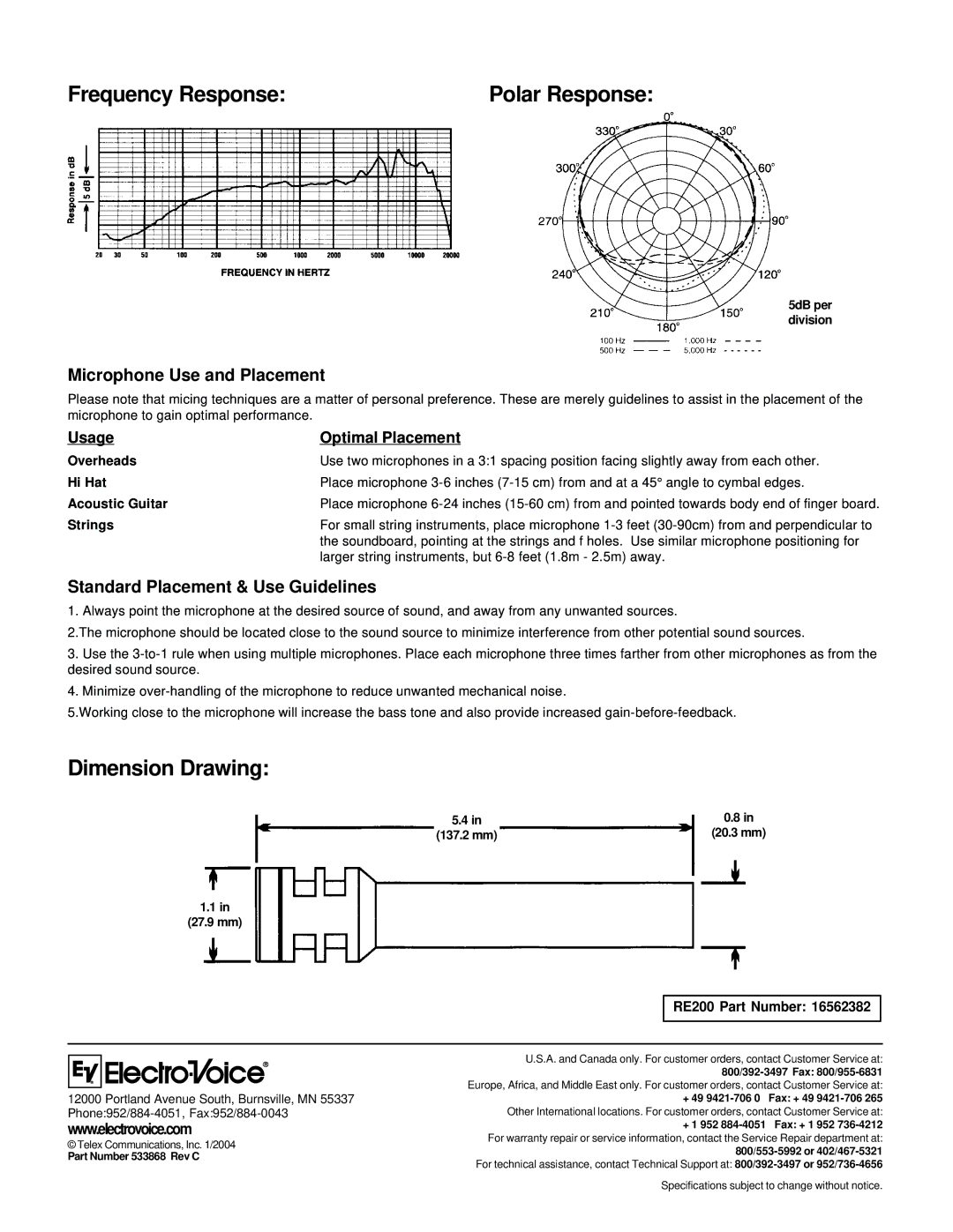 Electro-Voice RE200 technical specifications Frequency Response, Dimension Drawing, Microphone Use and Placement 