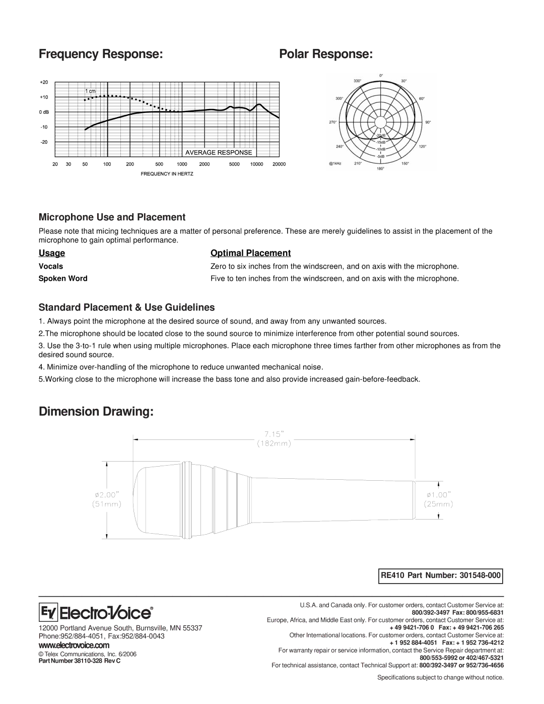 Electro-Voice RE410 technical specifications Frequency Response, Dimension Drawing, Microphone Use and Placement 