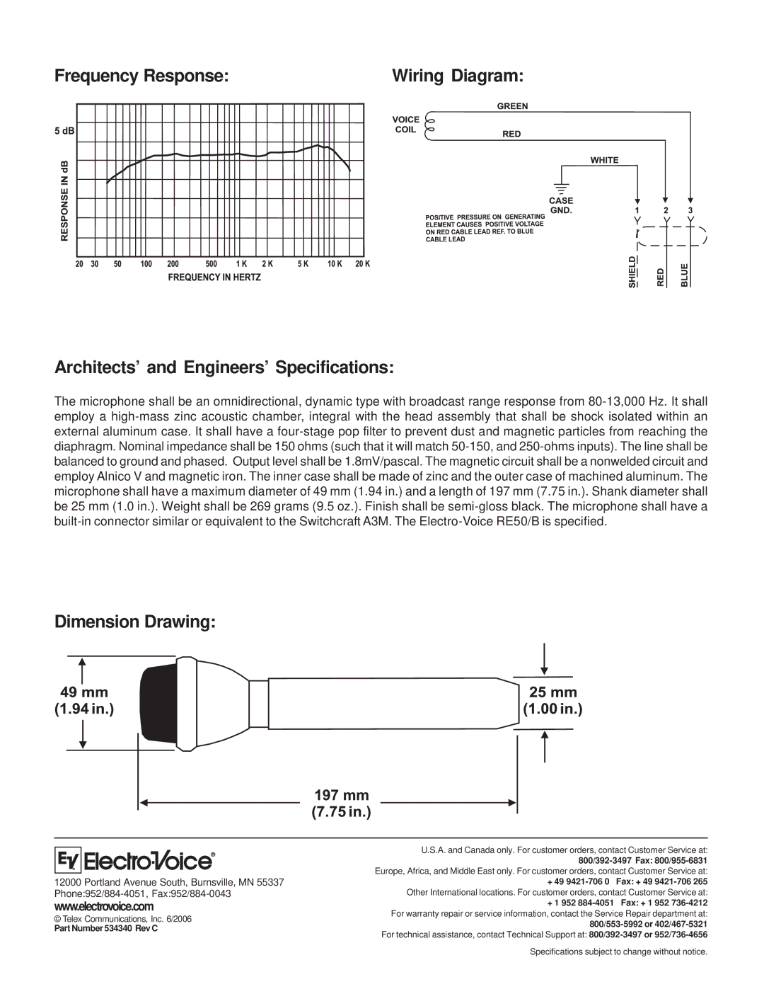 Electro-Voice RE50/B Frequency Response, Architects’ and Engineers’ Specifications, Dimension Drawing 