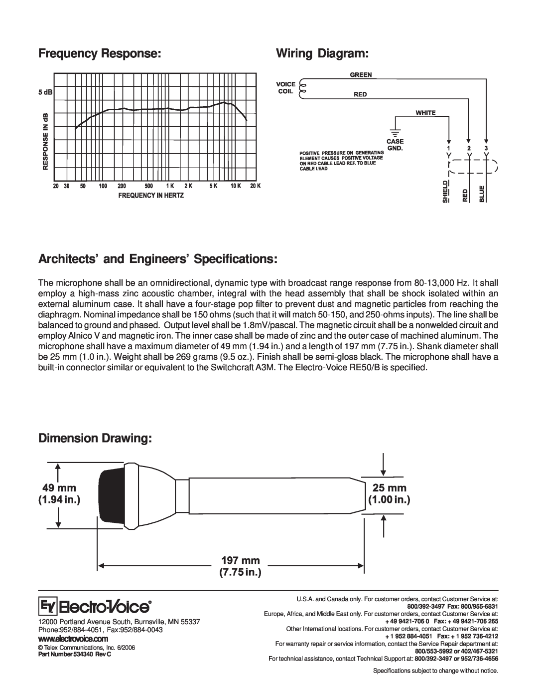 Electro-Voice RE50/B Frequency Response, Architects’ and Engineers’ Specifications, Dimension Drawing, Wiring Diagram 