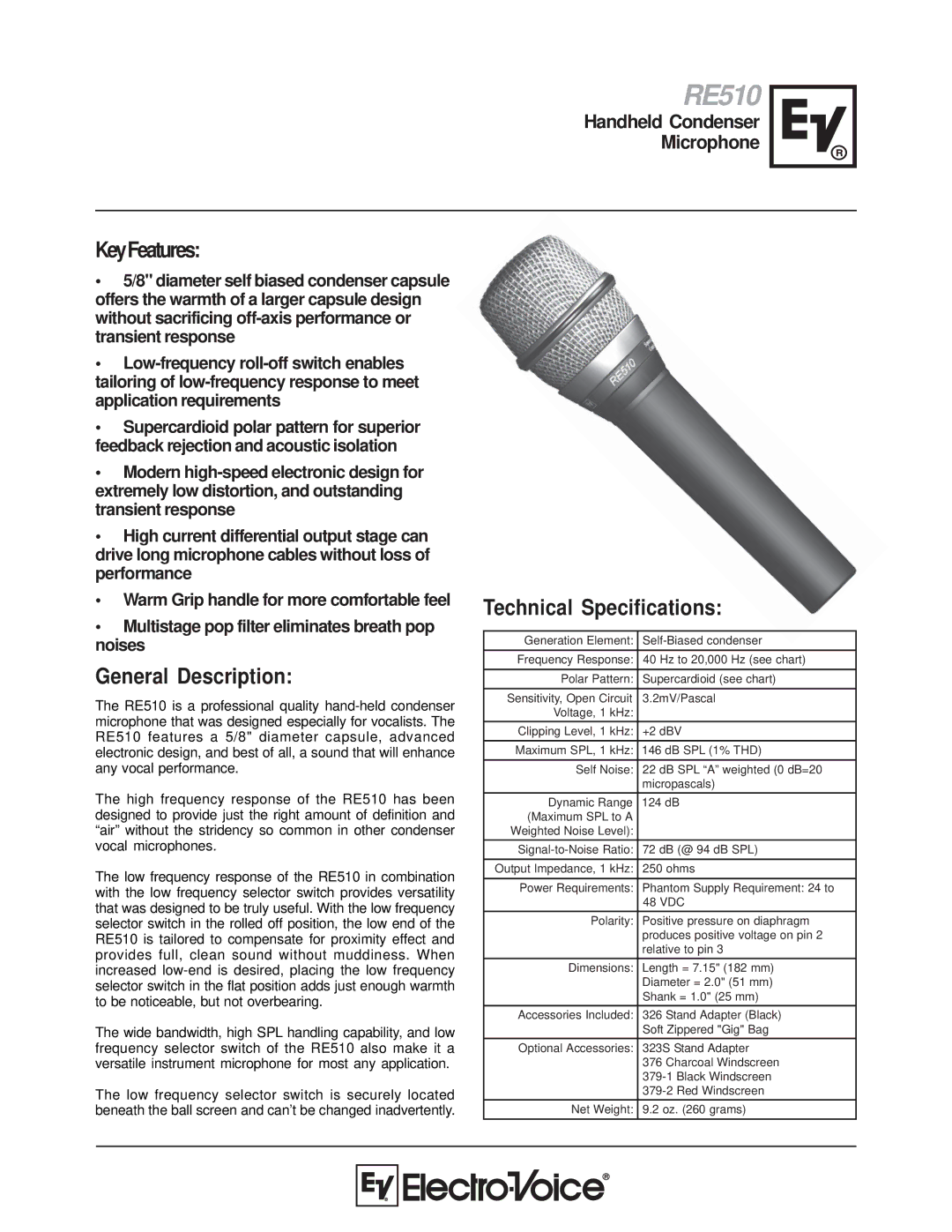 Electro-Voice RE510 technical specifications KeyFeatures, General Description, Technical Specifications 