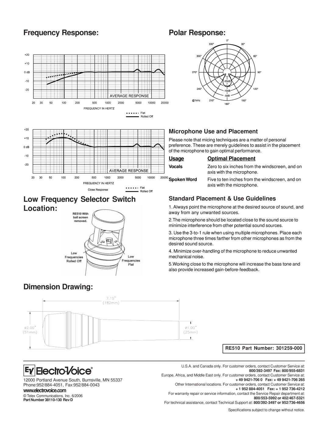 Electro-Voice RE510 technical specifications Frequency Response, Low Frequency Selector Switch Location Dimension Drawing 