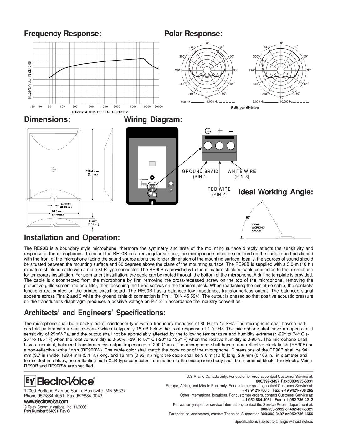 Electro-Voice RE90B/BW technical specifications Frequency Response, Dimensions, Installation and Operation 