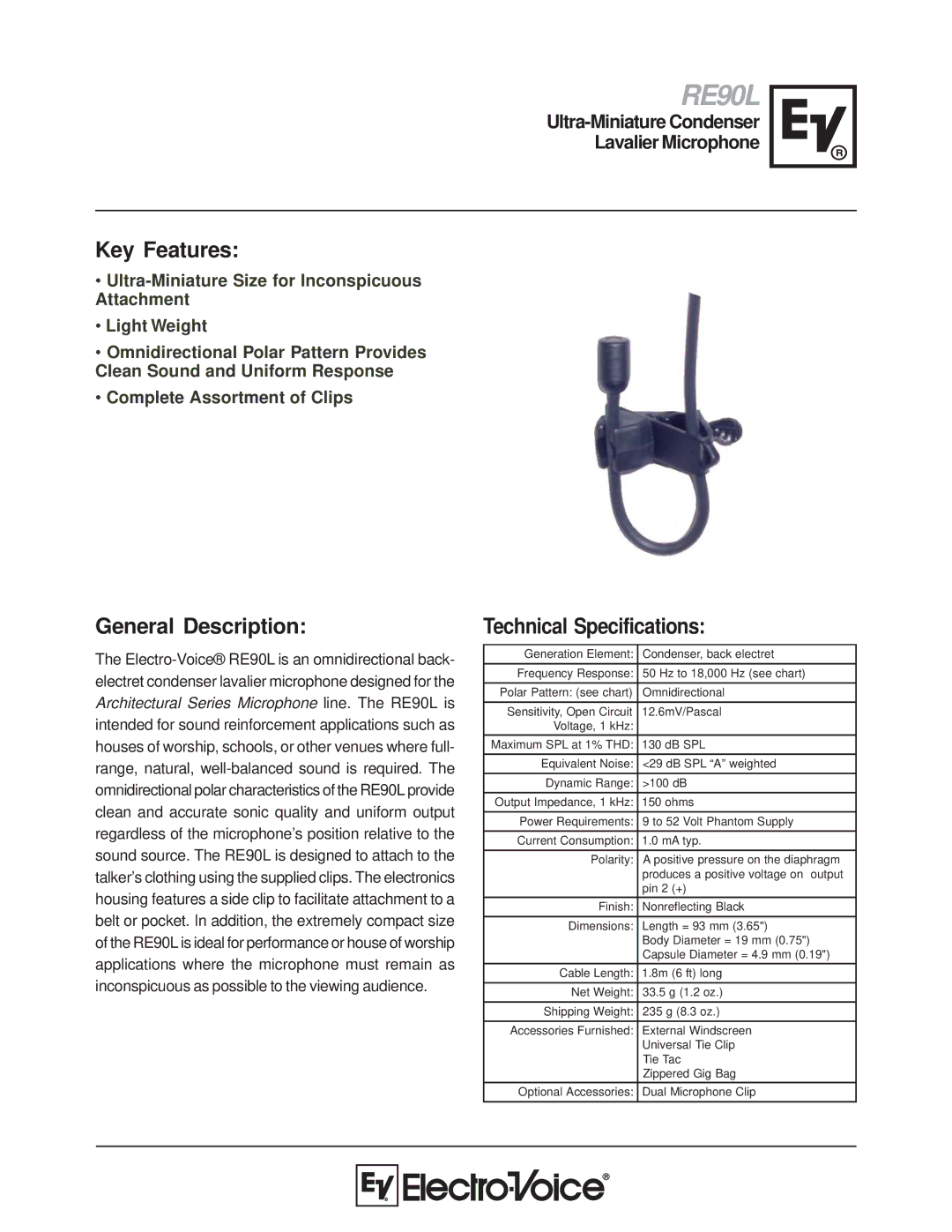 Electro-Voice RE90L technical specifications Key Features, General Description, Technical Specifications 