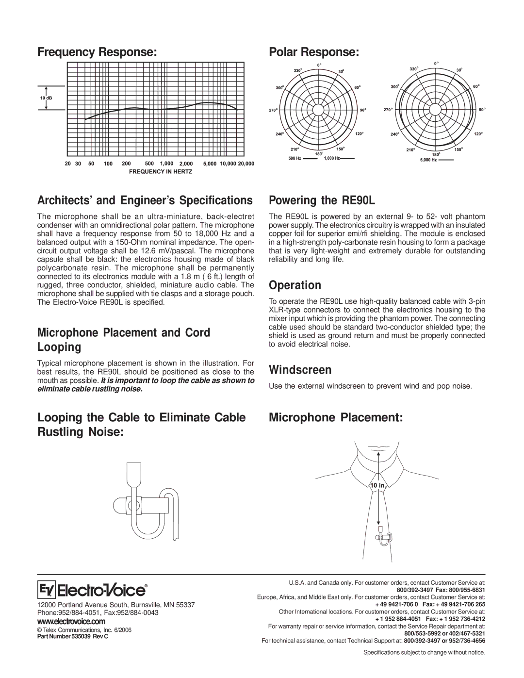 Electro-Voice RE90L Frequency Response, Microphone Placement and Cord Looping, Operation, Windscreen 