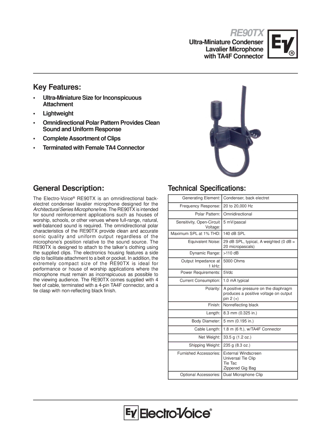 Electro-Voice RE90TX technical specifications Key Features, General Description, Technical Specifications 