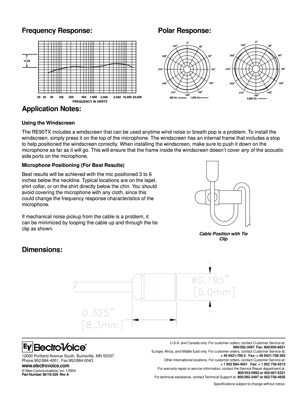 Electro-Voice RE90TX technical specifications Frequency Response, Application Notes, Dimensions, Using the Windscreen 