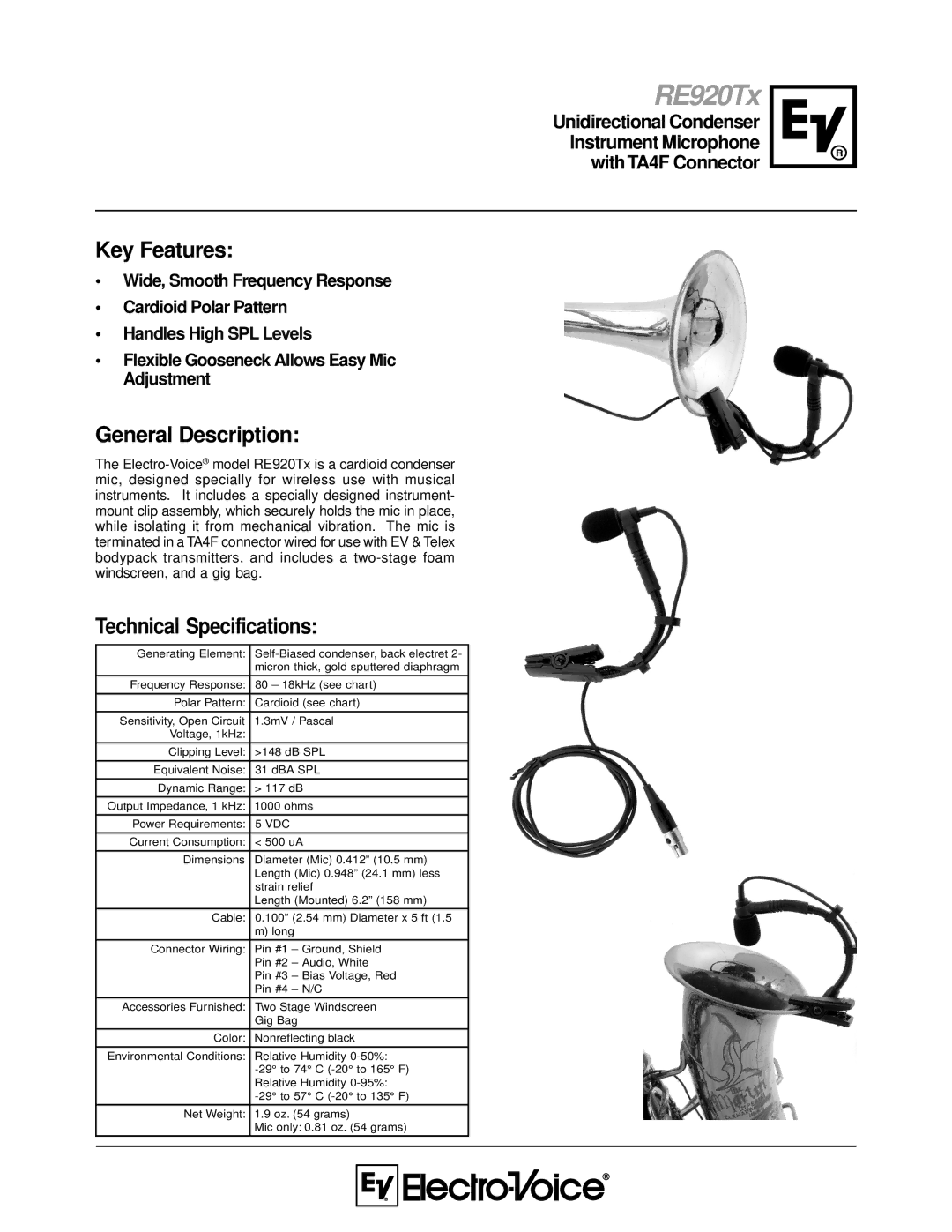Electro-Voice RE920Tx technical specifications Key Features, General Description, Technical Specifications 