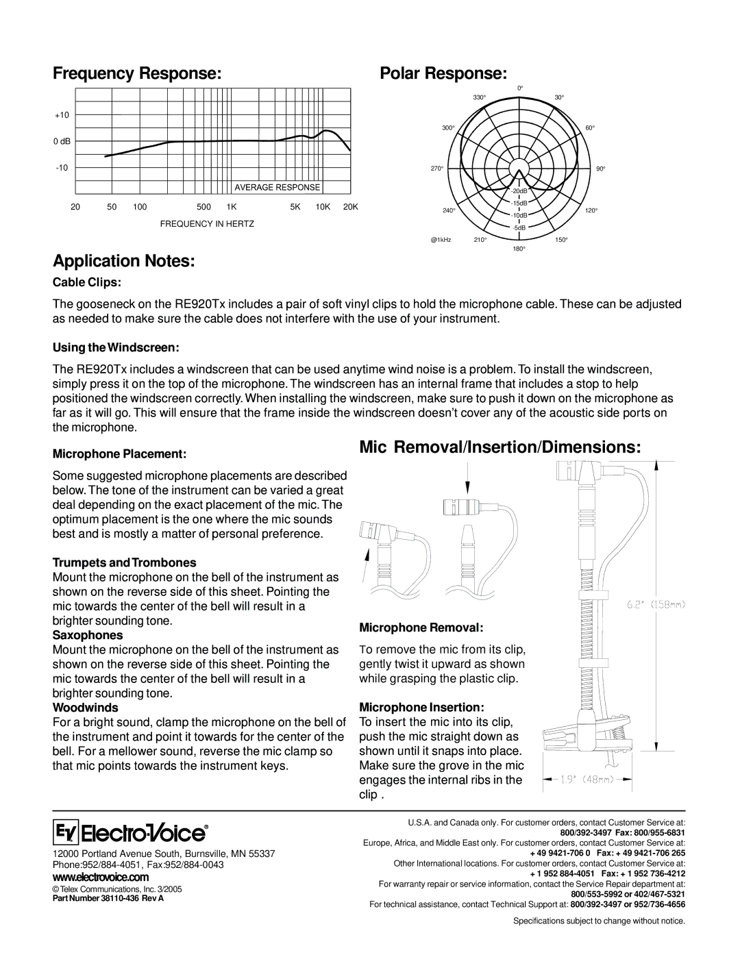 Electro-Voice RE920Tx technical specifications Frequency Response, Application Notes, Mic Removal/Insertion/Dimensions 